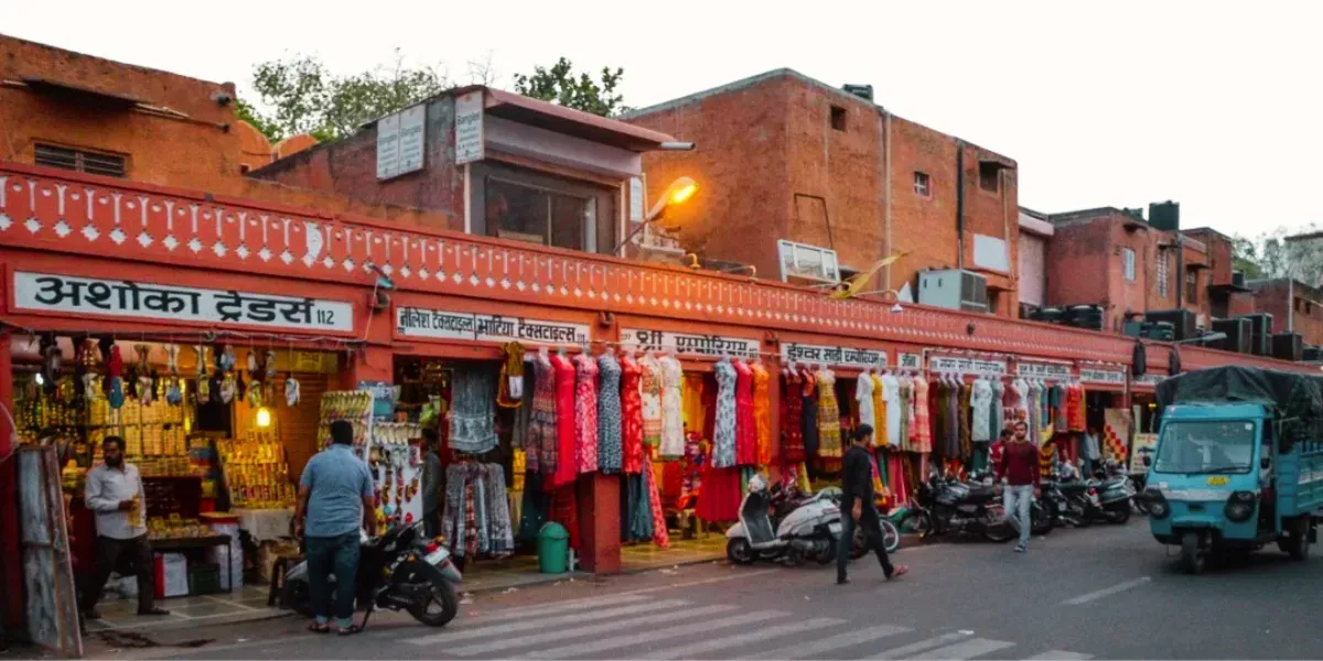 A lively bazaar street in Jaipur, full of textiles and silver